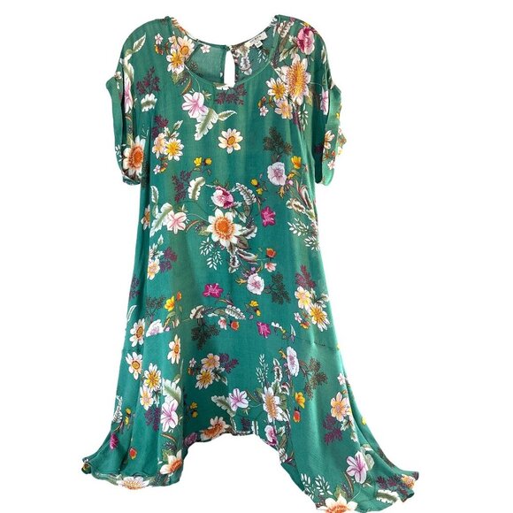 Umgee Dresses & Skirts - Umgee Womens Dress Green Floral Hi Lo Asymmetrical Sheer Cap Sleeves Round Neck